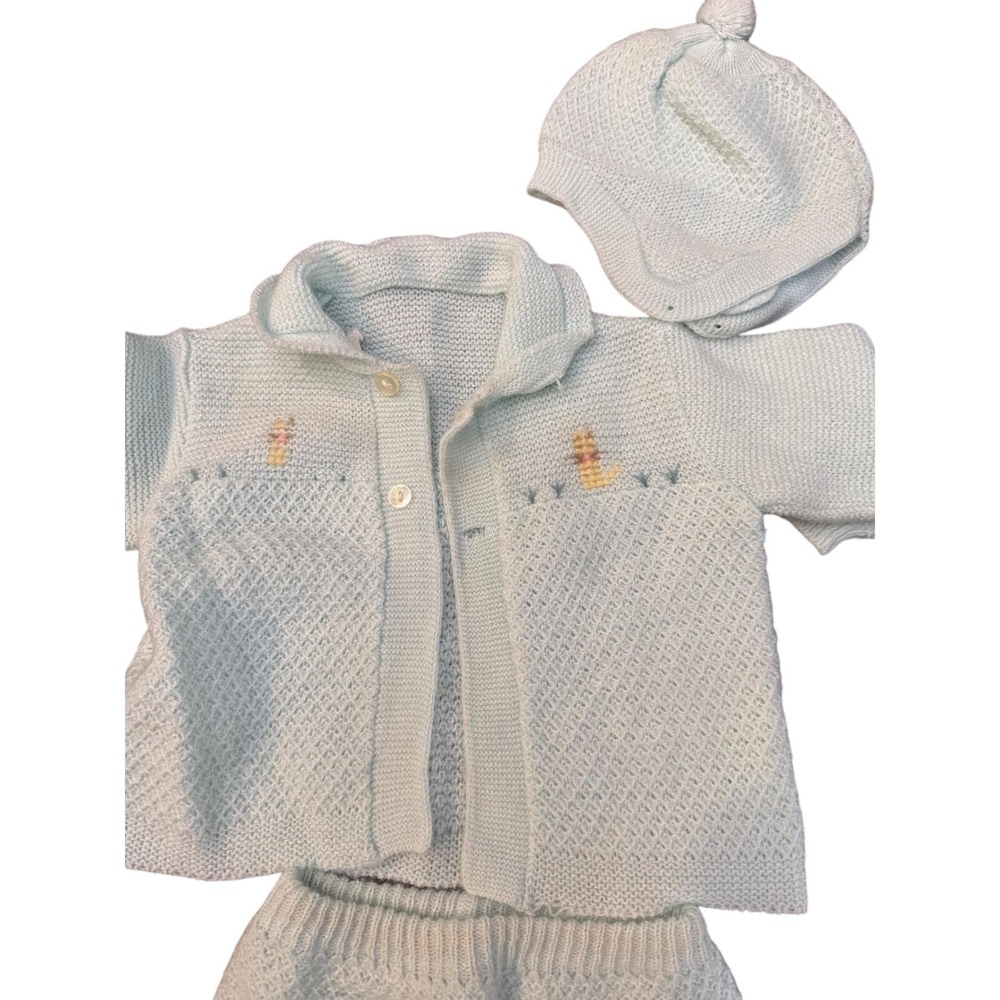 Vintage Renko's Imports Italy Baby Knit Set Blue Cardigan Pants Bonnet Orlon